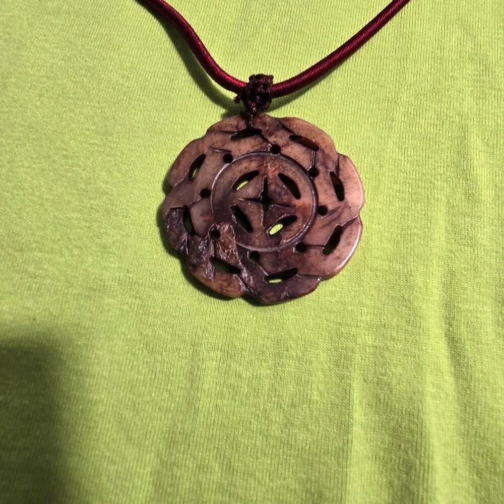 Hand-Carved Floral Jadeite Pendant Necklace With Adjustable Burgundy Cord - Picture 6 of 10